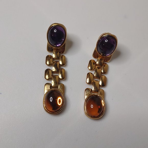 Purple Orange And Gold Tone Link Dangle Earrings - Picture 3 of 15